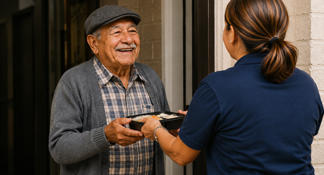 A neighbor receiving a hot meal from a volunteer