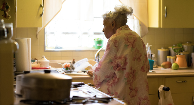 a woman standing by her kitchen sink